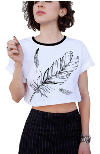  Crop Top  Cuello C/negro Plumas Moda Verano/playera Mujer