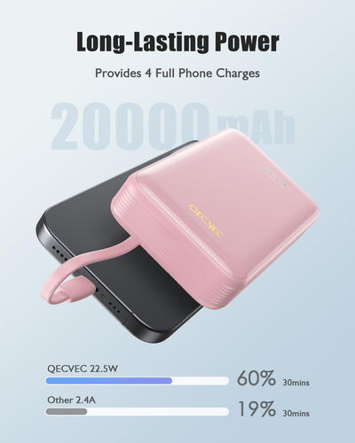 Power Bank Qecvec 20000 Mah Con 2 Cables Integrados De 22,5