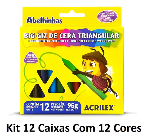 12 Cxs Giz Cera Grosso Big Triangular 12 Cores Jumbo Atacado