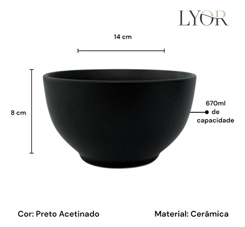 Kit 06 Bowl Tigela Cumbuca Cerâmica Fosco 670ml Lyor Cronus