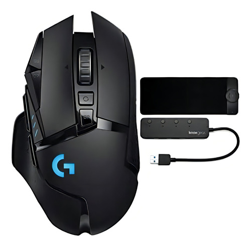 Logitech G502 Lightspeed - Mouse Inalámbrico Para Juegos Con Alfombrilla De Mouse Rgb Para Juegos Con Carga Inalámbrica De 15 W Y Concentrador Usb 3.0 De 4 Puertos (3 Artículos)