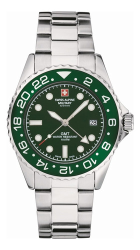 Reloj Swiss Alpine Military Master Diver Gmt 7052.1134sam Malla Plateado Bisel Verde Fondo Verde