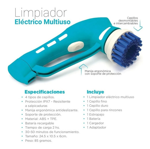 Imagen 9 de 9 de Limpiador Cepillo Electrico Multiuso Inalamb Smart-tek 1216