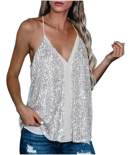 Camiseta Con Cuello En V Para Mujer Tops Brillantes Fiesta