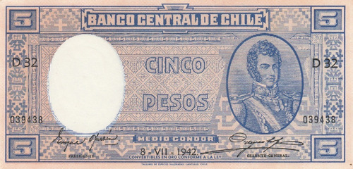 Imagen 1 de 2 de Billete De 5 Pesos (medio Condor) Fechado 08-07-1942 Au