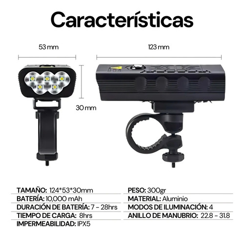 Liefine® Lampara Luces Para Bicicleta Moto Recargable 10000mah Kit, Lampara Bicicleta 5 Led Luces De Bicicleta Accesorios Con Luz Trasera Bicicleta Recargable 5 Modos Linterna Usb Color Negro