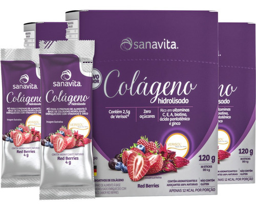 Kit 3 Colágeno Hidrolisado Verisol Red Berries 30 Sachês San