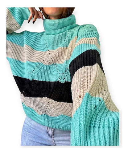 Sweater Polera Calado Dos Colores Lana Suave
