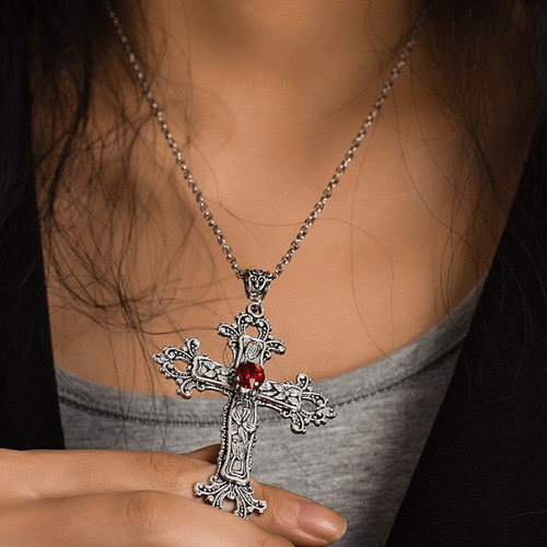^ Collar Unisex De 2 Piezas Con Cruz De Cristal Retro,