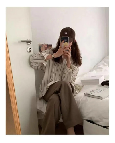 Camisa De Manga Larga Con Botones A Rayas Para Mujer