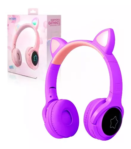 Fone De Ouvido Sem Fio Bluetooth Orelha Gatinho Led Colorido Cor Violeta