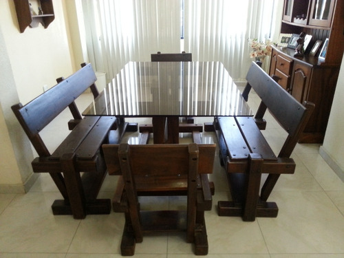 Comedor Country, Mesa Con Vidrio Y Bancos De Madera De Nogal