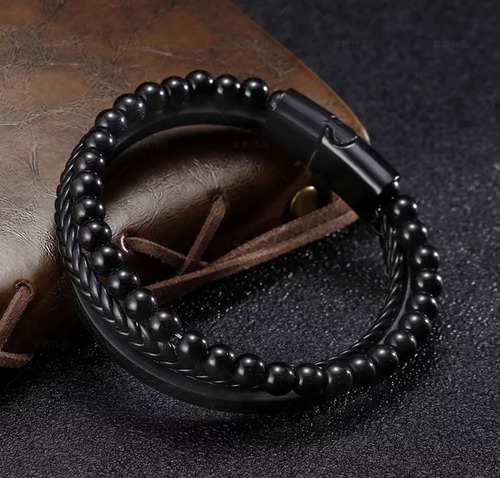 V Pulsera De Cuero + Piedra Natural Con Cierre Magnético
