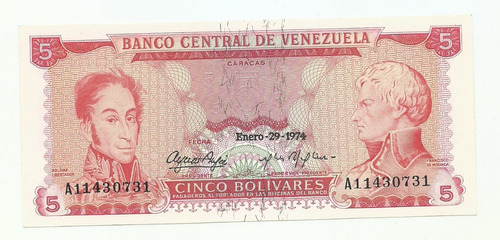 Billetes Bs. 5 A8 Enero 29 1974 Au