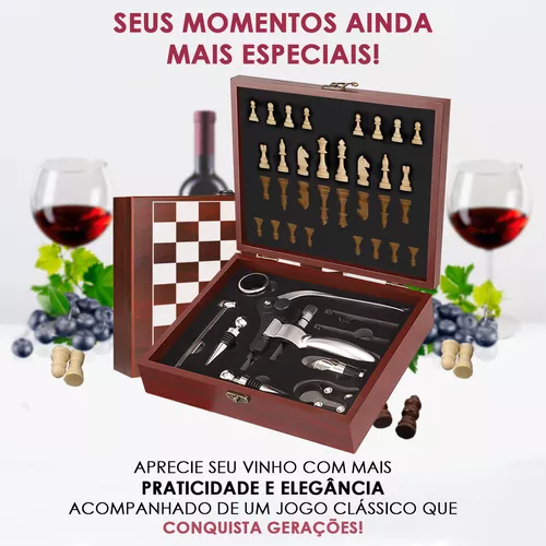 Case mini xadrez de madeira com kit vinho 17cm