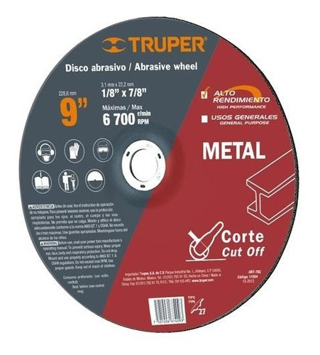 Disco T.27 Corte Metal 9' Uso Gral. Truper 11554