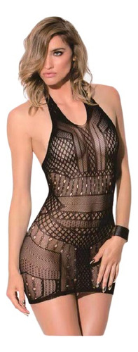 Lenceria Vestido Malla Eslastica Sexy Mujer, Color Negro