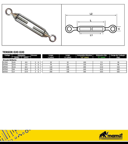 Tensor Ojo Ojo 1/4x8.7/16 Marca Mamut 05 Unds Ferrepernos