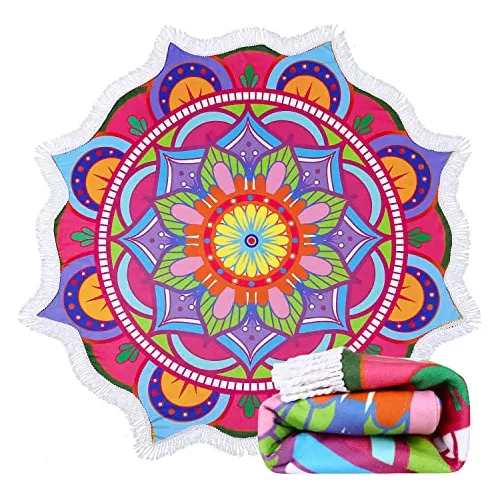 Toalla redonda ,tapete redondo multiusos 150cms, 205 GSM. Diseño mandala  rosa.