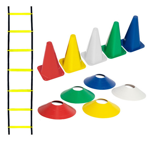 Kit Funcional Treino Agilidade 5 Cones + 5 Pratos + Escada
