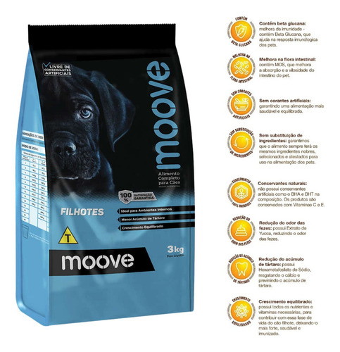 Alimento Moove Premium Ração Cães Filhotes Sabor Frango 3kg