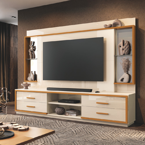 Estante Home Theater Com Espelho E Vidro Tv 75 Polegadas Edn Cor Off White/madeirado
