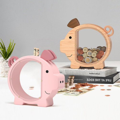 Piggy Bank Summidate Rosa Irrompible De Madera Para Niños