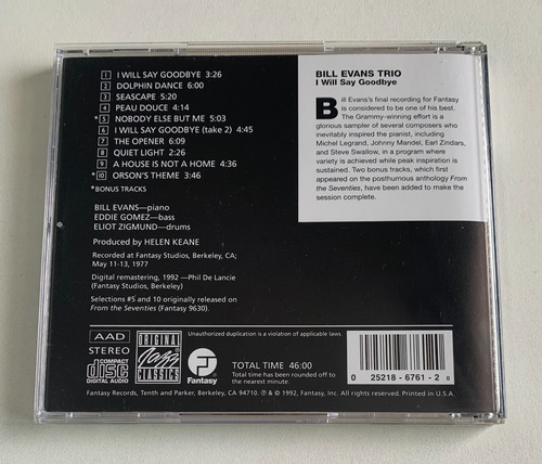 Cd The Bill Evans Trio - I Will Say Goodbye - C/3 Bonus Imp. (Usado)