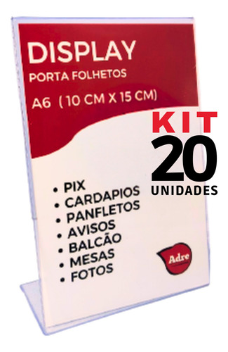 20 Suporte Displays A6 L Expositor 10x15 Acrílico (ps) Pix