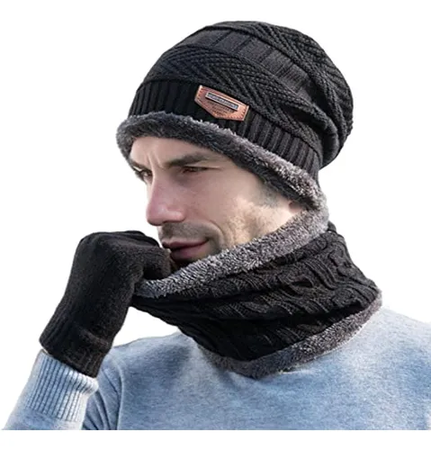 Kit Touca Gorro Cachecol Inverno Forrado Frio De Lã Unissex