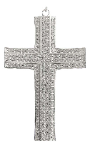 Dije Cruz Catolica Gigante Zirconias Hombre Plata Ley 925 Color Blanco