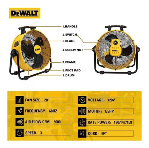 Ventilador De Piso Industrial Dewalt 20 In 3 Veloc 1/5 Hp Color De La Estructura Amarillo Color De Las Aspas Negro Diámetro 55 Cm Frecuencia 60 Material De Las Aspas Metal