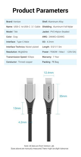 Imagen 2 de 7 de Cable Usb-c 3.1 Macho-macho Marca Vention 1 Metro