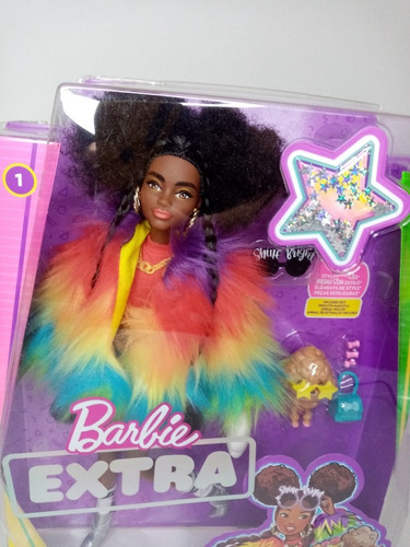 Barbie Extra#1 Cabello Chino Morena Abrigo Arcoiris Mascota