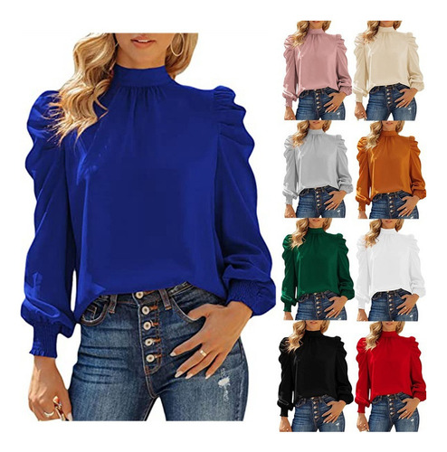 Camisa De Mujer Cuello Vuelto Manga Larga Abullonada Otoño