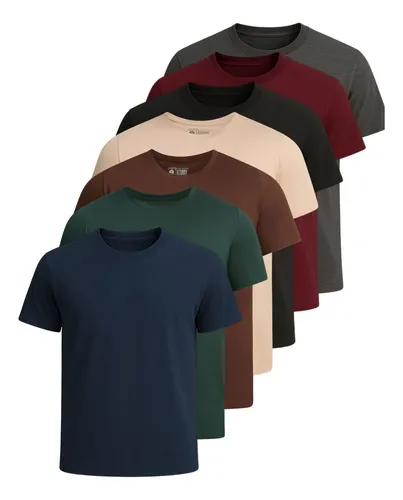 Kit com 7 camisetas básicas masculinas em diversas cores dispostas em cascata