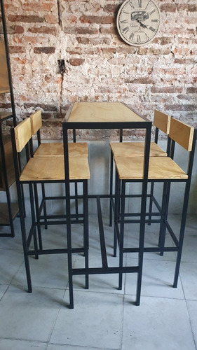 Mesa Barra Desayunador Industrial 120x40 + 4 Taburetes 36x36