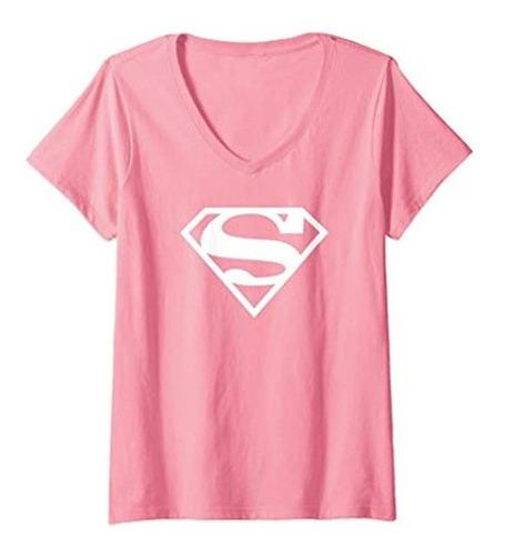 Supergirl Mujer Camiseta Blanca Y Rosa Con Cuello En V Escud