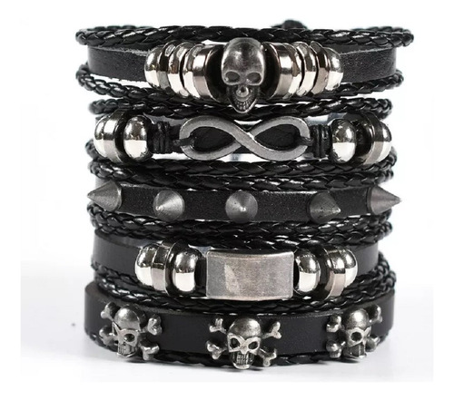 Conjunto Pulsera Hombre Rock Cuero Calavera Tachas 5 En 1