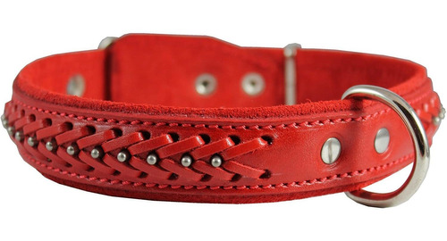 Piel Autentica Trenzada Studded Perro Collar, Rojo 1.25  Am