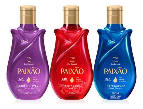 Kit 3 Óleo Corporal Paixão 200ml Hidratação 24h