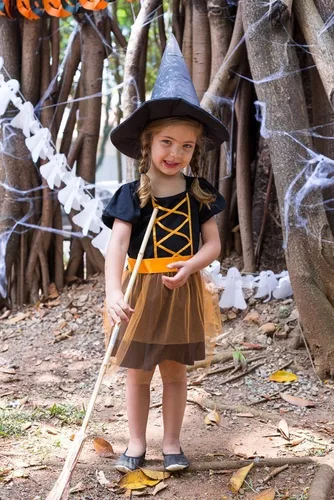 Fantasia Bruxa Infantil Halloween vestido e chapéu 2 cores a pronta entrega