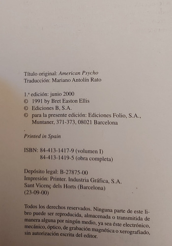 Libro American Psycho I Bret Easton Ellis Parte 1 (Usado)