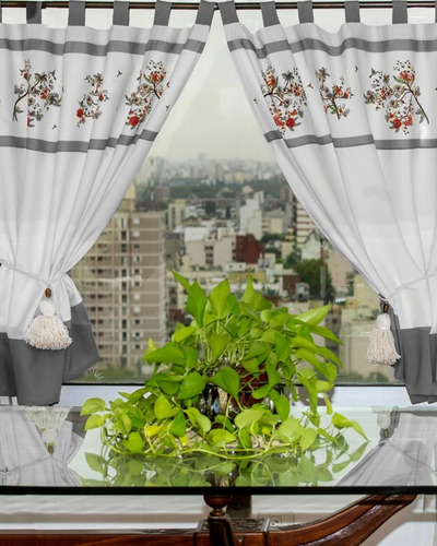 Imagen 4 de 10 de Cortinas De Cocina Cortas Living Tela Juego 2 Paños Colibrí