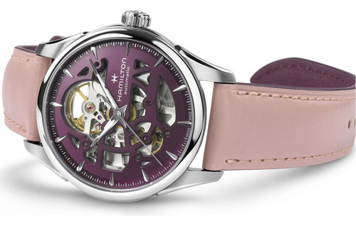 Reloj Hamilton Jazzmaster Skeleton Lady Auto H32265801 Correa Rosa Bisel Plateado Fondo Rosa