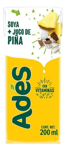 30 Pzas Alimento Bebida De Soya Ades Sabor Piña Coco 200 Ml