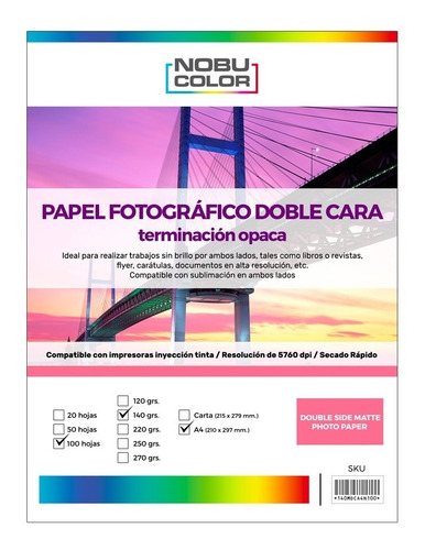 Papel Foto Matte Doble Cara Nobucolor A4 140 Gr. 100 Hojas