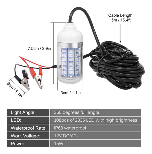 Luz Pesca Submarina 12v 15w Led Sistema Iluminación Pesca Co
