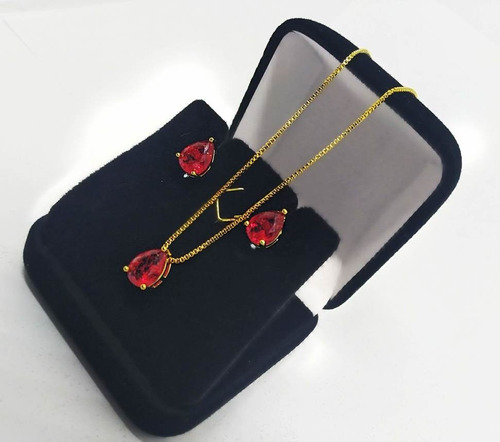 Imagem 3 de 6 de Conjunto Colar E Brincos Gota Banhado Fusion Luxo + Brinde