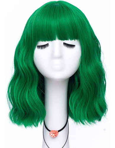 Labeauté Green Wig Short Bob Wavy Wig Con Air Bangs Para Muj